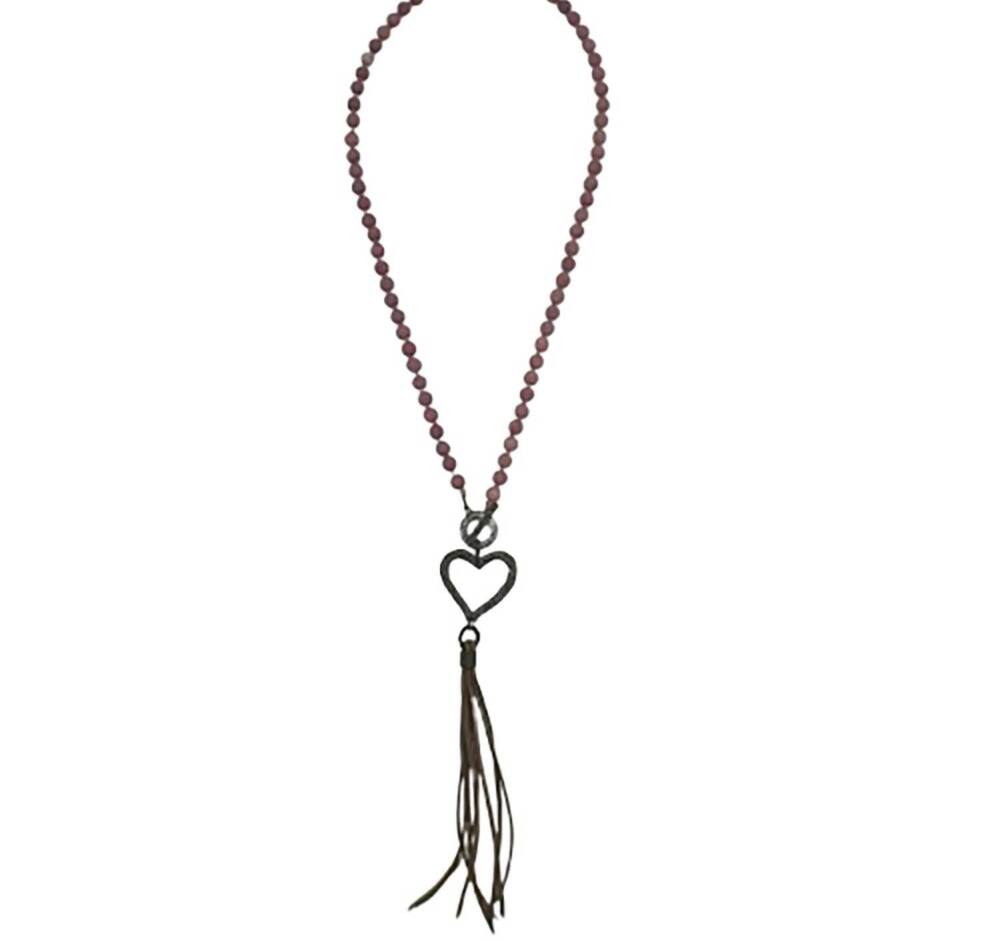 NEW LEGEND OR LIES women's stone heart & tassel toggle necklace in pink/brown